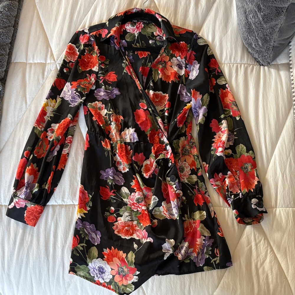 Zara Black Floral Asymmetrical Wrap Dress with Red & Purple Blooms